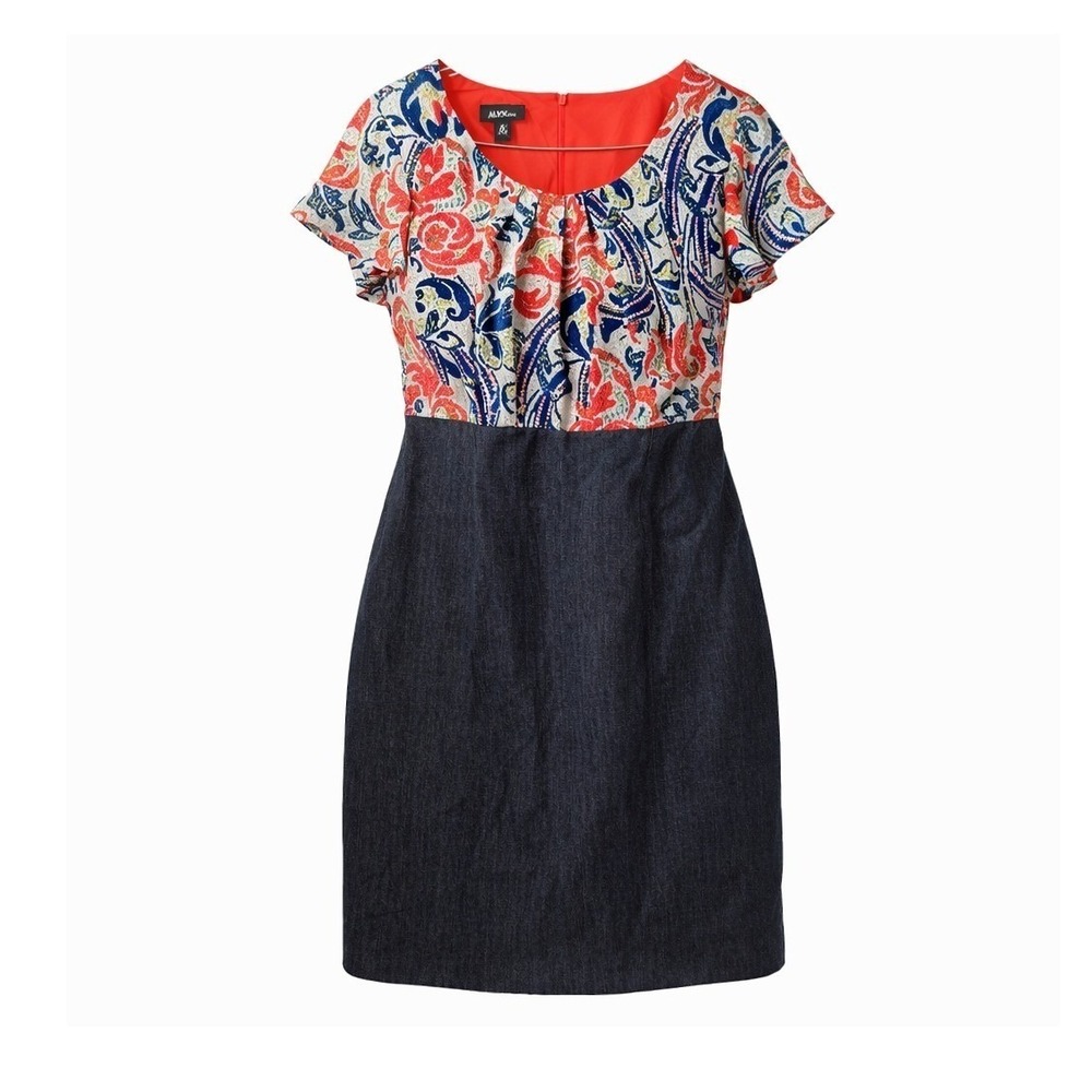 ALYX‎ Women Dress Paisley Print Denim Look Mixed Media Workwear Casual Size 16